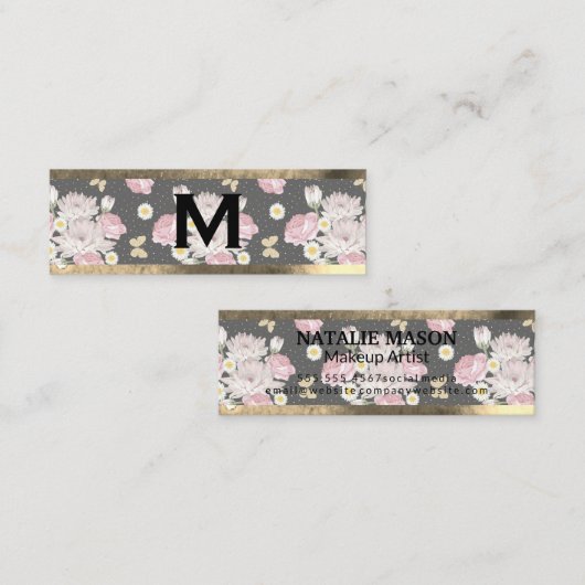 モノグラム金ゴールド | ピンク色の花 スキニー名刺 (正面/裏面)