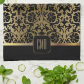 モノグラム金ゴールド&フローラダマスクパターンキッチントウ キッチンタオル (折り畳み)