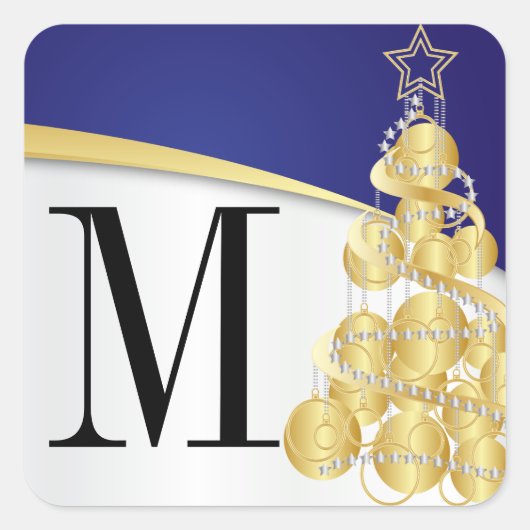 モノグラム金ゴールド&ブルーメリークリスマス スクエアシール (正面)