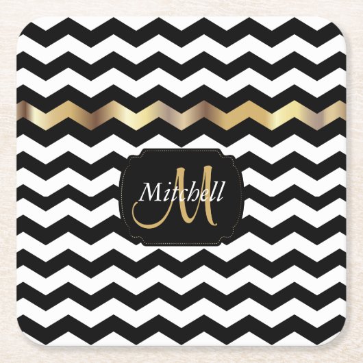 モノグラム金ゴールド、白と黒のシェブロン スクエアペーパーコースター (正面)