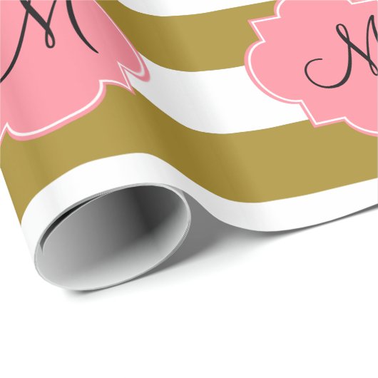 モノグラム金属金ゴールド及びピンクストライプの模様 ラッピングペーパー (ロールコーナー)
