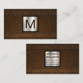 モノグラム金属 | ダブルステッチのブラウンレザー 名刺 (正面/裏面)