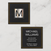 モノグラム金属 | レザーブラックダブルステッチ スクエア名刺 (正面/裏面)