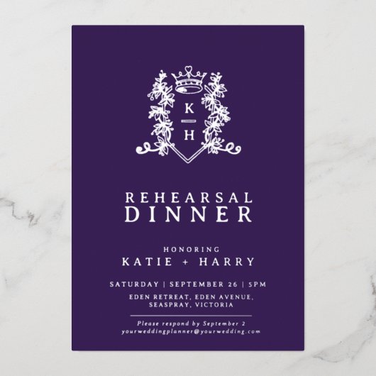 モノグラム銀パープルのリハ結婚ーサルディナー 箔招待状 (正面)