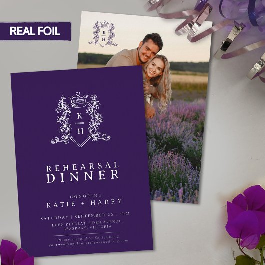 モノグラム銀パープルのリハ結婚ーサルディナー 箔招待状