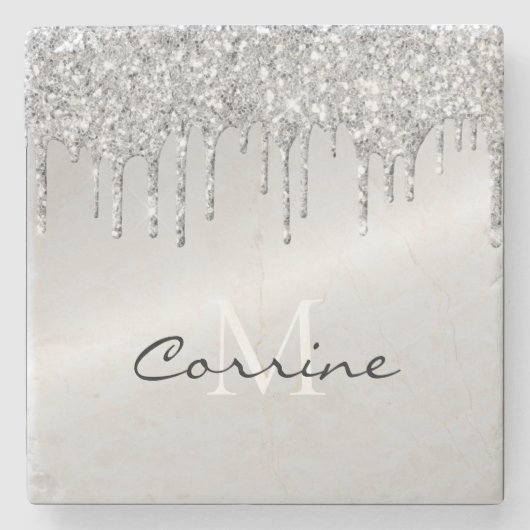 モノグラム銀滴下グリッター金属白金 ストーンコースター (正面)