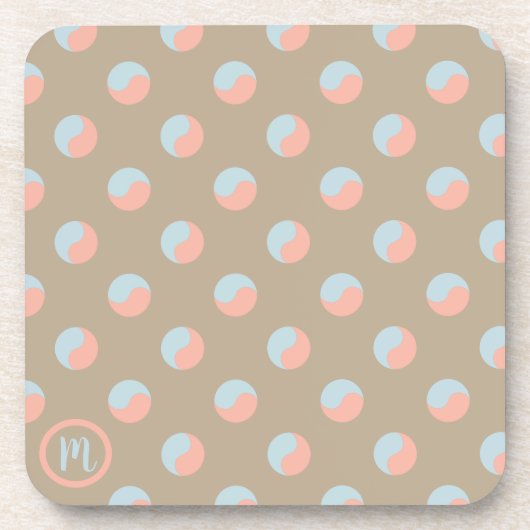 モノグラム陰陽Zenシンボルグレー、ピンク、ティール(緑がかった色) コースター (正面)