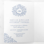 モノグラム離れ白青結婚のオールインワン 三つ折り招待状 (内部最初)
