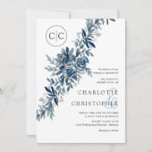 モノグラム青の水の色のフローラライン結婚アート 招待状 (正面)