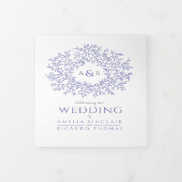 モノグラム青結婚白 三つ折り招待状