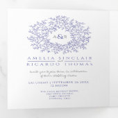 モノグラム青結婚白 三つ折り招待状 (内部最初)