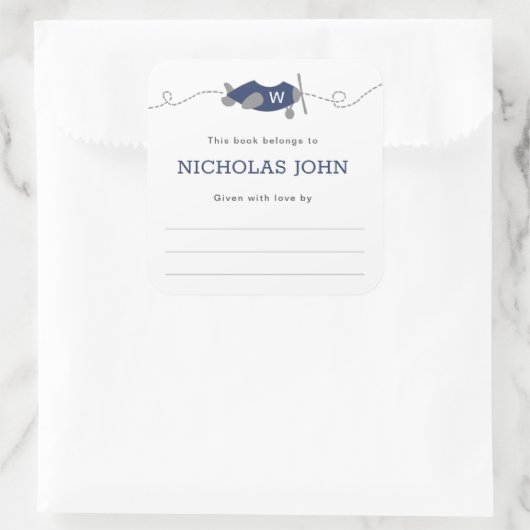 モノグラム飛行機ボーイベビーシャワー蔵書票 スクエアシール (バッグ)