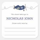 モノグラム飛行機ボーイベビーシャワー蔵書票 スクエアシール (正面)