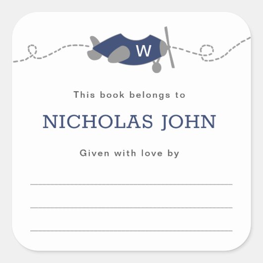 モノグラム飛行機ボーイベビーシャワー蔵書票 スクエアシール (正面)