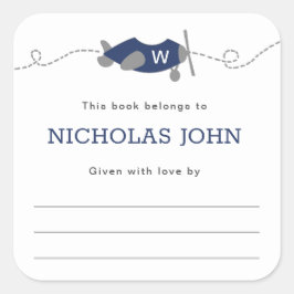 モノグラム飛行機ボーイベビーシャワー蔵書票 スクエアシール