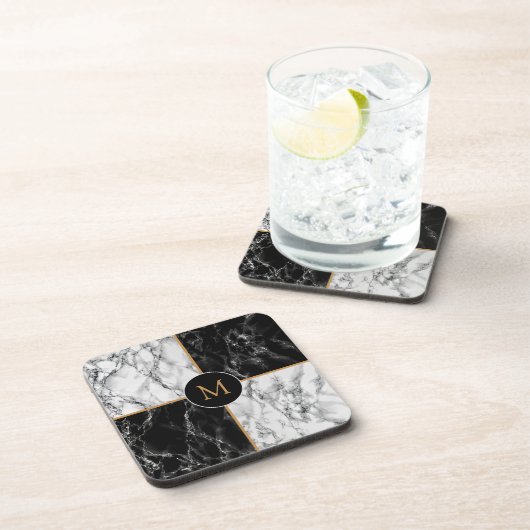 モノグラム飲料用コースター白黒チェックマーブル コースター (右側)
