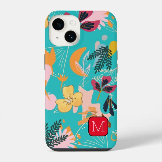 モノグラム魅力的縁ど花柄ブルー iPhoneケース (裏面)