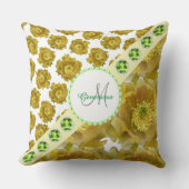 モノグラム黄色の花/緑の宝石&真珠 クッション (正面)