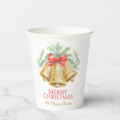 モノグラム黄金の鐘の赤い弓クリスマスパーティー 紙コップ (正面)