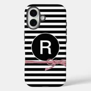 モノグラム黒と白ストライプのを紐で結ぶ iPhone 16ケース