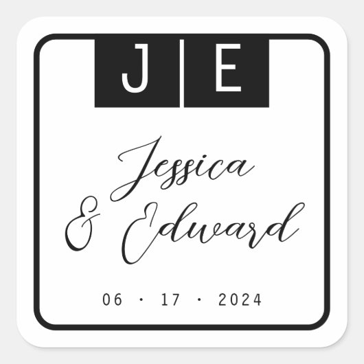 モノグラム黒エレガントスクリプトのカップル名モダン スクエアシール (正面)