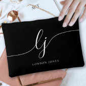 モノグラム黒スタイリッシュ書道イニシャル名 アクセサリーポーチ