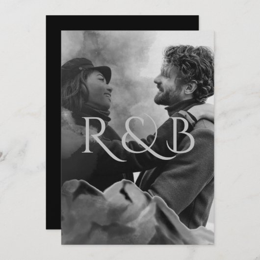 モノグラム黒山と白の山の写真結婚の 招待状 (正面/裏面)