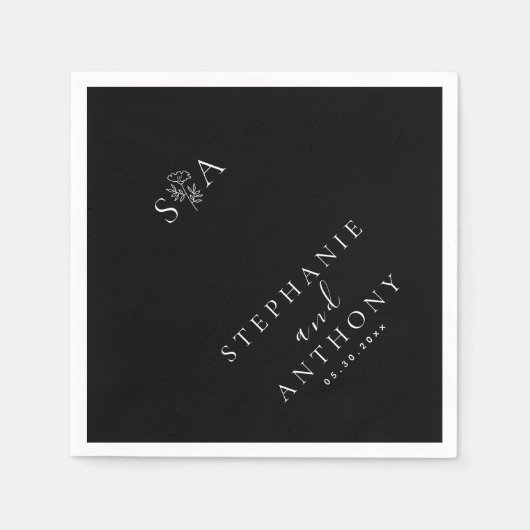 モノグラム黒白ワイルドフラワー結婚ズ スタンダードカクテルナプキン (正面)