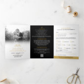 モノグラム黒金ゴールド結婚クラウンの食事オプションRSVP 三つ折り招待状 (内部)