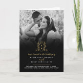 モノグラム黒金ゴールド結婚クラウンの食事オプションRSVP 招待状 (正面)