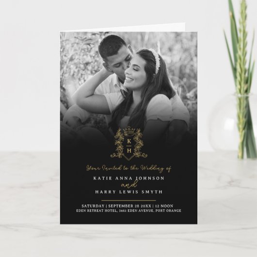 モノグラム黒金ゴールド結婚クラウンの食事オプションRSVP 招待状 (正面)