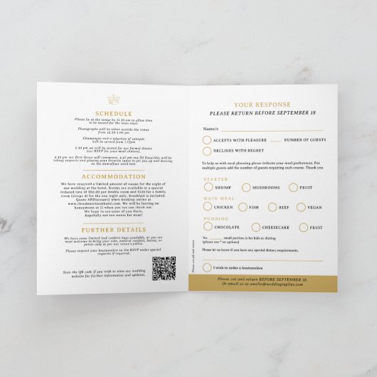 モノグラム黒金ゴールド結婚クラウンの食事オプションRSVP 招待状 (内部)