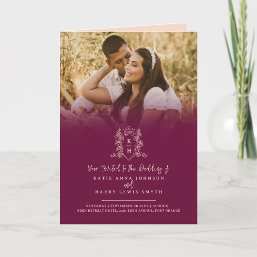 モノグラム黒金ゴールド結婚クラウンの食事オプションRSVP 招待状 (正面)