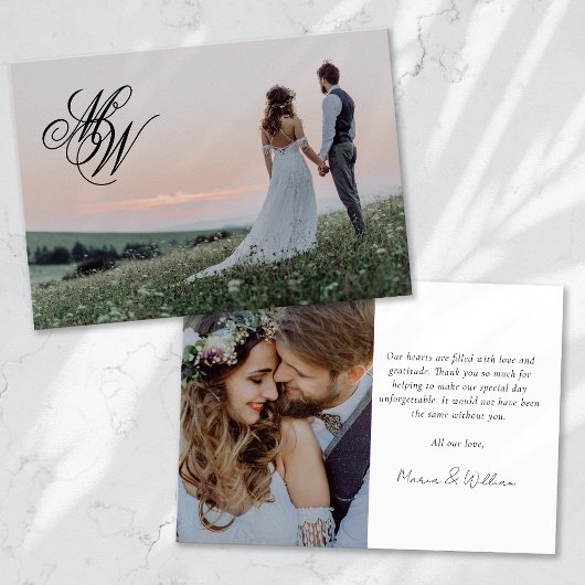 モノグラム2写真結婚書道 サンキューカード