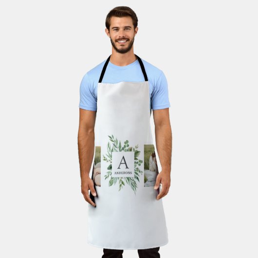 モノグラム2枚の写真 |緑パーソナライズされた枠 エプロン (着用した状態)