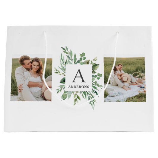 モノグラム2枚の写真 |緑パーソナライズされた枠 ラージペーパーバッグ (正面)