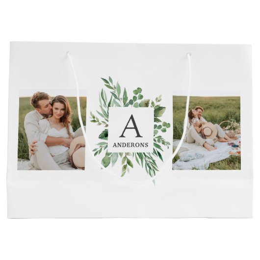 モノグラム2枚の写真 |緑パーソナライズされた枠 ラージペーパーバッグ (裏面)