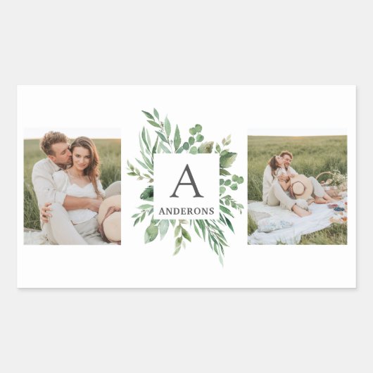 モノグラム2枚の写真 |緑パーソナライズされた枠 長方形シール (正面)