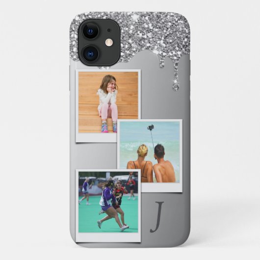 モノグラム3写真テンプレート銀グリッタードリップ Case-Mate iPhoneケース (裏面)