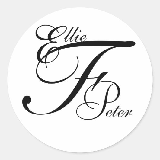 モノグラム3文字と名前ウェディングステッカー ラウンドシール (正面)