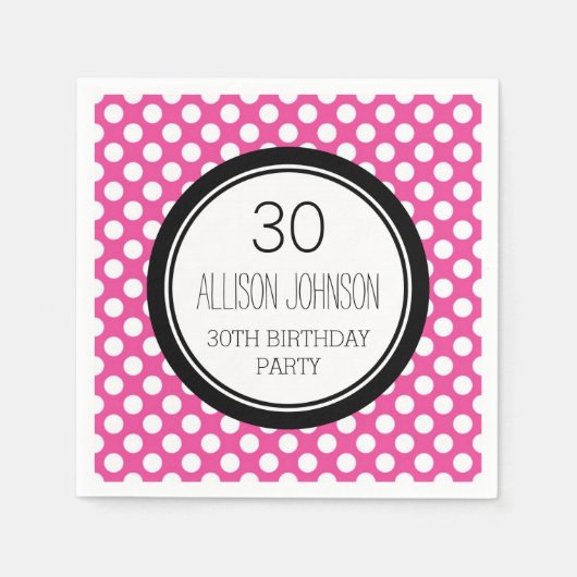 モノグラム30th誕生日ナプキンピンクのドット スタンダードカクテルナプキン (正面)