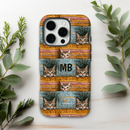 モノグラム かわいい猫の編み物デザイン 女子向け オーダーメイド iPhone 16 PROケース