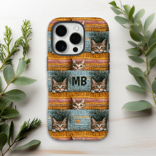 モノグラム かわいい猫の編み物デザイン 女子向け オーダーメイド iPhone 16 PROケース