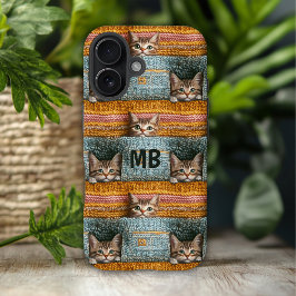 モノグラム かわいい猫の編み物風 ガーリーな名入れグッズ iPhone 16ケース