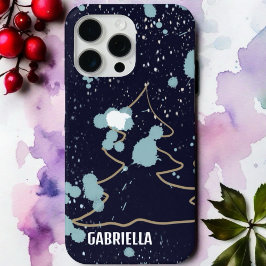 モノグラム かわいい ネイビーブルー ゴールド ホワイト 雪 樹 名前 iPhone 15 PRO MAXケース
