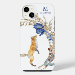 モノグラム かわいい 森のキツネ 水彩 花 名前 iPhone 14 PLUSケース
