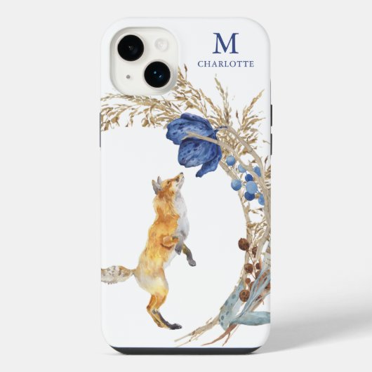 モノグラム かわいい 森のキツネ 水彩 花 名前 iPhoneケース (裏面)