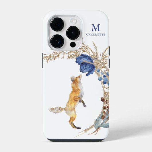 モノグラム かわいい 森のキツネ 水彩 花 名前 iPhoneケース (裏面)