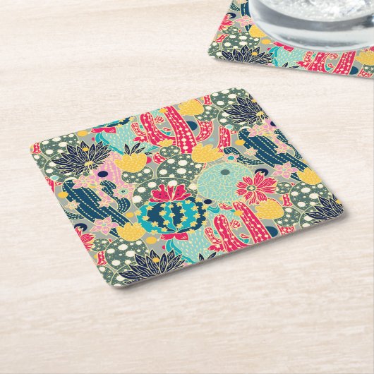 モノグラム|のカラフルな水玉模様のサボテンパターン スクエアペーパーコースター (アングル)