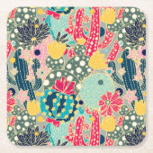 モノグラム|のカラフルな水玉模様のサボテンパターン スクエアペーパーコースター (正面)
